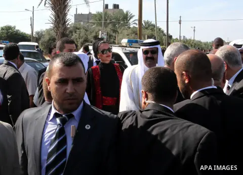 Palestinian Prime Minister in Gaza strip, Ismail Haniyeh and the Emir of Qatar Sheikh Hamad bin Khalifa al-Thani attend a cornerstone laying ceremony for rehabilitation Salah al-Din street in the central Gaza Strip Octob...