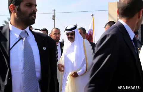 Palestinian Prime Minister in Gaza strip, Ismail Haniyeh and the Emir of Qatar Sheikh Hamad bin Khalifa al-Thani attend a cornerstone laying ceremony for rehabilitation Salah al-Din street in the central Gaza Strip Octob...