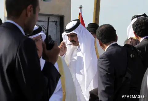 Palestinian Prime Minister in Gaza strip, Ismail Haniyeh and the Emir of Qatar Sheikh Hamad bin Khalifa al-Thani attend a cornerstone laying ceremony for rehabilitation Salah al-Din street in the central Gaza Strip Octob...