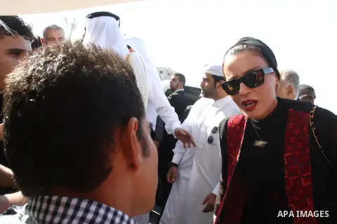Palestinian Prime Minister in Gaza strip, Ismail Haniyeh, the Emir of Qatar Sheikh Hamad bin Khalifa al-Thani and Qatar's First Lady Sheikha Mozah bint Nasser al-Missned attend a cornerstone laying ceremony for a hospita...