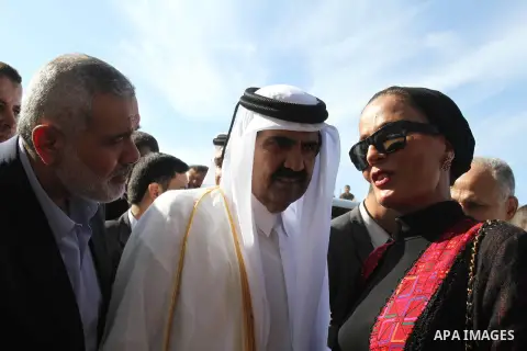 Palestinian Prime Minister in Gaza strip, Ismail Haniyeh, the Emir of Qatar Sheikh Hamad bin Khalifa al-Thani and Qatar's First Lady Sheikha Mozah bint Nasser al-Missned attend a cornerstone laying ceremony for a hospita...