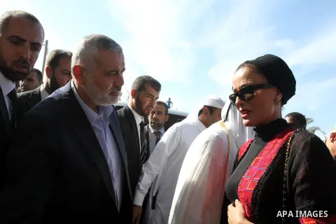 Palestinian Prime Minister in Gaza strip, Ismail Haniyeh, the Emir of Qatar Sheikh Hamad bin Khalifa al-Thani and Qatar's First Lady Sheikha Mozah bint Nasser al-Missned attend a cornerstone laying ceremony for a hospita...