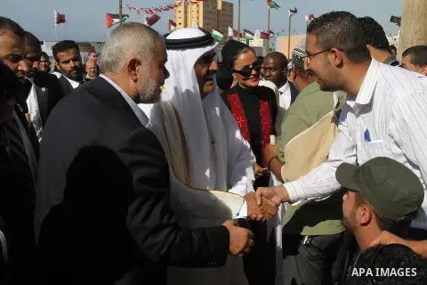 Palestinian Prime Minister in Gaza strip, Ismail Haniyeh, the Emir of Qatar Sheikh Hamad bin Khalifa al-Thani and Qatar's First Lady Sheikha Mozah bint Nasser al-Missned attend a cornerstone laying ceremony for a hospita...