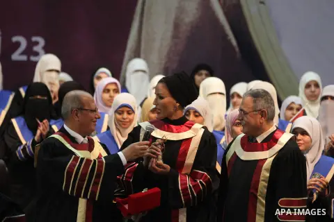 Qatar's First Lady Sheikha Mozah bint Nasser al-Missned attends a celebration at the Islamic University in Gaza city on October 23, 2012. The Emir of Qatar entered the Gaza Strip on Tuesday for a visit that broke the iso...