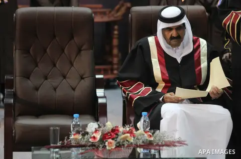Qatari Emir Sheikh Hamad bin Khalifa al-Thani attends a celebration at the Islamic University in Gaza city on October 23, 2012. The Emir of Qatar entered the Gaza Strip on Tuesday for a visit that broke the isolation of...