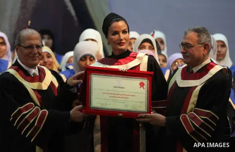 Qatari Emir Sheikh Hamad bin Khalifa al-Thani attends a celebration at the Islamic University in Gaza city on October 23, 2012. The Emir of Qatar entered the Gaza Strip on Tuesday for a visit that broke the isolation of...