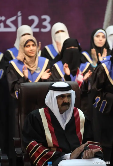 Qatari Emir Sheikh Hamad bin Khalifa al-Thani attends a celebration at the Islamic University in Gaza city on October 23, 2012. The Emir of Qatar entered the Gaza Strip on Tuesday for a visit that broke the isolation of...
