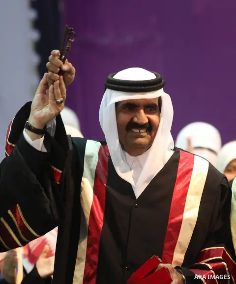Qatari Emir Sheikh Hamad bin Khalifa al-Thani attends a celebration at the Islamic University in Gaza city on October 23, 2012. The Emir of Qatar entered the Gaza Strip on Tuesday for a visit that broke the isolation of...
