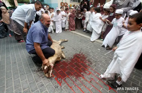 A Palestinian man teach a child slaughter as part of training children how to perform Hajj pilgrimage, in Gaza City, on October 24, 2012. Muslims from around the world flood Saudi city of Mecca to perform the annual Hajj...