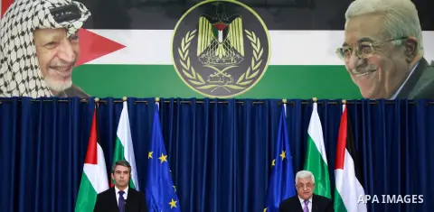 Palestinian President Mahmoud Abbas, right, and Bulgarian President Rosen Plevneliev hold a joint press conference following their meeting in the West Bank city of Ramallah, Oct. 24, 2012. Photo by Issam Rimawi