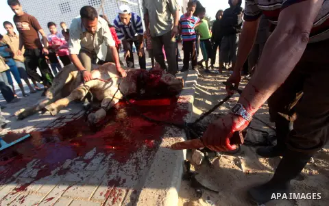 Palestinians watch as a butcher slaughters a bull on the first day of Eid al-Adha at Khan Younis in the southern Gaza Strip October 26, 2012. Muslims around the world celebrate Eid-al-Adha, marking the end of the haj, by...