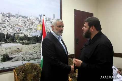 Palestinian Prime Minister in Gaza, Ismail Haniya Receives congratulations in the Eid al-Adha, at his house in the Gaza Strip, on October 27, 2012. Muslims around the world celebrate Eid al-Adha to mark the end of the ha...