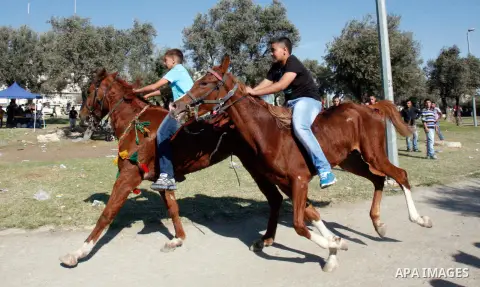 Palestinian youths enjoy ride horses during the third day of Eid al-Adha in Jerusalem city on 28 October 2012. Eid al-Adha, or the Feast of the Sacrifice, is celebrated to commemorate the Prophet Ibrahim's (Prophet Abrah...