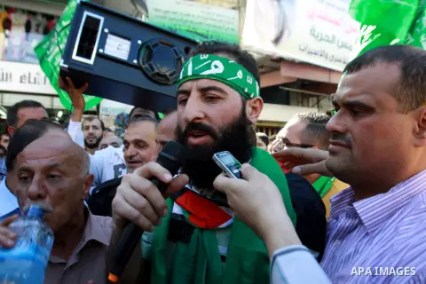 Palestinian Hamas member Hassan Safadi is greeted by his relatives as he arrive in the West Bank city of Nablus after his release from Israeli jail, Monday, Oct. 29, 2012. Hassan reportedly went on an on-and-off hunger s...