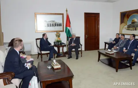 Palestinian President Mahamoud Abbas meets with Chairman of the Swedish Socialist Party in Palestinian Authority headquarter in the west bank city of Ramallah on Oct. 29, 2012. Photo by Thaer Ganaim