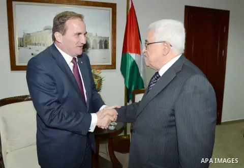 Palestinian President Mahamoud Abbas meets with Chairman of the Swedish Socialist Party in Palestinian Authority headquarter in the west bank city of Ramallah on Oct. 29, 2012. Photo by Thaer Ganaim