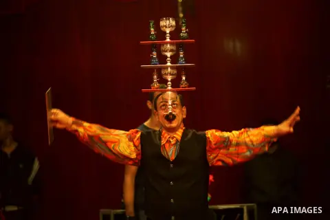 A member of the Egyptian National Circus practices in Gaza City on Oct. 30, 2012. The circus came to Gaza on Friday, accompanied by blaring music, juggling clowns and fire blowers but getting it there required its own hi...