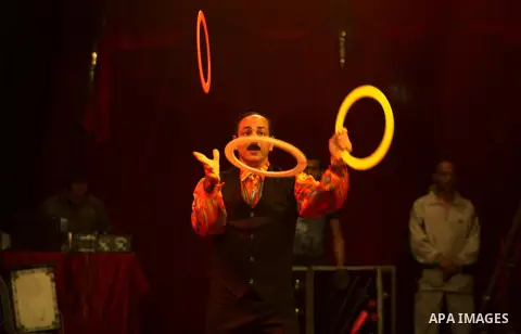 A member of the Egyptian National Circus practices in Gaza City on Oct. 30, 2012. The circus came to Gaza on Friday, accompanied by blaring music, juggling clowns and fire blowers but getting it there required its own hi...