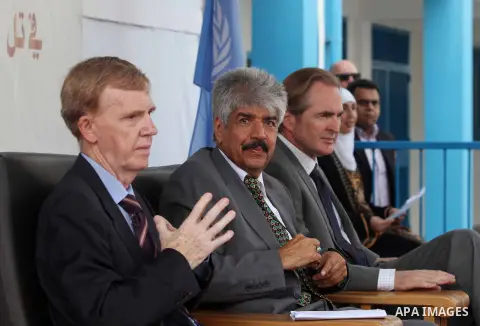 Secretary General of the Royal Charity Organization in the Kingdom of Bahrain, Mustafa al-Sayed visits a UNRWA (United Nations Relief and Works Agency) school financed by Bahrain, in Gaza City, on November 1, 2012. Photo...