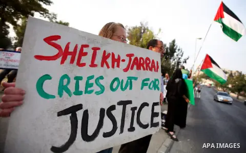 Palestinian and foreign activists hold Palestinian flags and placards during a protest against land confiscation in the neighborhood of Sheikh Jarrah in the east Jerusalem on 02 November 2012. Photo by Mahfouz Abu Turk
