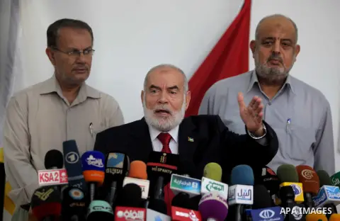 The spokesman of the Palestinian Parliament in Gaza Strip, Ahmed Bahar delivers speech during a press conference at the Legislative Council, in Gaza City on Nov. 04, 2012. Abbas made a rare if symbolic concession to Isra...