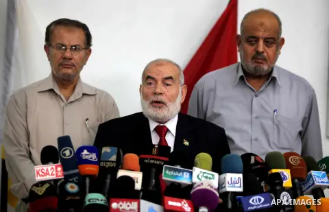 The spokesman of the Palestinian Parliament in Gaza Strip, Ahmed Bahar delivers speech during a press conference at the Legislative Council, in Gaza City on Nov. 04, 2012. Abbas made a rare if symbolic concession to Isra...