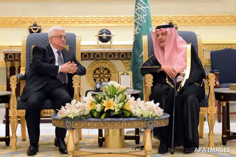 Palestinian President Mahmoud Abbas meets with Saudi Foreign Minister Prince Saud al-Faisal, in Riyadh on November 12, 2012. Photo by Thaer Ganaim