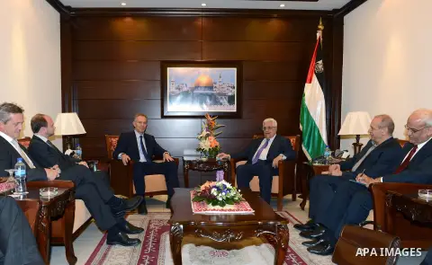 Palestinian President Mahmoud Abbas meets with Tony Blair the Quartet envoy, in the West Bank city of Ramallah, November 19, 2012. Photo by Thaer Ganaim
