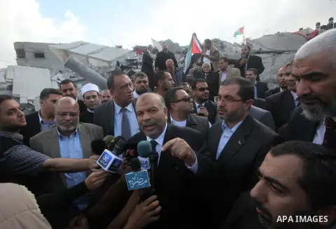 The leader of Egypt's Islamist Freedom and Justice Party Saad al-Katatni speaks to media during his visit to Gaza strip, in Gaza city, Nov. 19, 2012. APAimages \ Yasser Qudih, POOL
