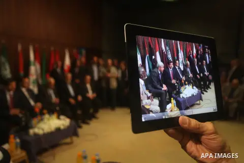 Arab League General Secretary Nabil al-Arabi and Turkish Foreign Minister Ahmet Davutoglu meet with Palestinian prime minister in Gaza Strip, Ismail Haniya in Gaza city, Tuesday, Nov. 20, 2012. Turkey's foreign minister...