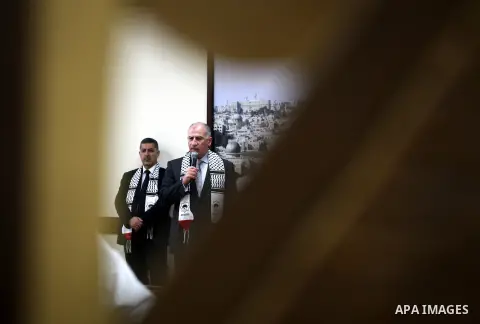 Iraqi Parliament Speaker Osama Najafi speaks during his visit to Gaza strip, in Gaza city, November 26, 2012. The Iraqi Parliament Speaker Osama Najafi visits Gaza with the delegation includes representatives of various...