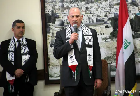 Iraqi Parliament Speaker Osama Najafi speaks during his visit to Gaza strip, in Gaza city, November 26, 2012. The Iraqi Parliament Speaker Osama Najafi visits Gaza with the delegation includes representatives of various...