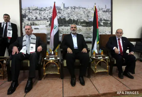 Palestinian Prime Minister in Gaza strip Ismail Haniyeh meets with the Iraqi Parliament Speaker, in Gaza city, November 26, 2012. The Iraqi Parliament Speaker Osama Najafi visits Gaza with the delegation includes represe...