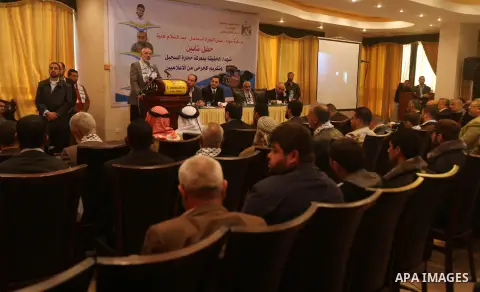 Palestinian Prime Minister in Gaza strip Ismail Haniyeh speaks during a ceremony to honor the wounded journalists in Gaza city on November 26, 2012. Israeli aircraft killed 3 and wounded more than 17 journalists in the I...