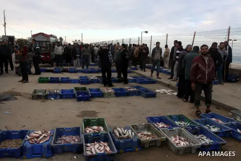 Palestinian men sell fish at a market in Gaza City November 27, 2012. Israel eased restrictions on Gaza fishermen on Saturday, further implementing truce brokered by Egypt after a week of fierce fighting, Palestinian off...