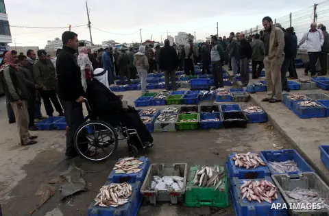 Palestinian men sell fish at a market in Gaza City November 27, 2012. Israel eased restrictions on Gaza fishermen on Saturday, further implementing truce brokered by Egypt after a week of fierce fighting, Palestinian off...