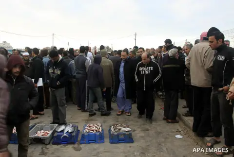 Palestinian men sell fish at a market in Gaza City November 27, 2012. Israel eased restrictions on Gaza fishermen on Saturday, further implementing truce brokered by Egypt after a week of fierce fighting, Palestinian off...