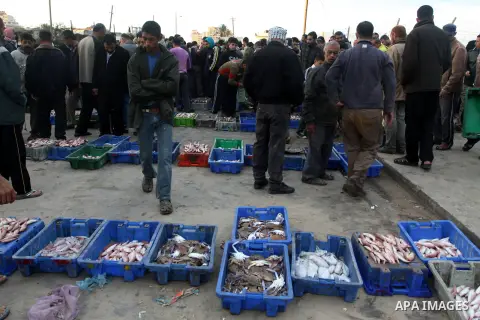Palestinian men sell fish at a market in Gaza City November 27, 2012. Israel eased restrictions on Gaza fishermen on Saturday, further implementing truce brokered by Egypt after a week of fierce fighting, Palestinian off...