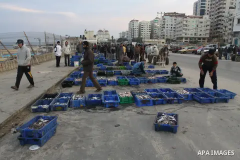 Palestinian men sell fish at a market in Gaza City November 27, 2012. Israel eased restrictions on Gaza fishermen on Saturday, further implementing truce brokered by Egypt after a week of fierce fighting, Palestinian off...
