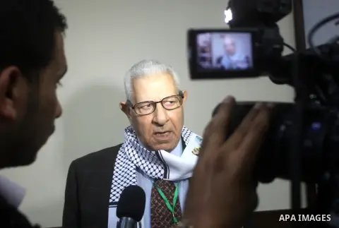 Makram Ahmed, the Secretary General of the Arab Journalists Union speaks to media during his visit to Gaza strip to show solidarity with Palestinian journalists in Gaza city on November 28, 2012. Israeli aircraft killed...