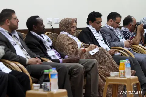 Members of the General Union of Arab journalists during a visit to Gaza strip to show solidarity with Palestinian journalists in Gaza city on November 28, 2012. Israeli aircraft killed 3 and wounded more than 17 journali...