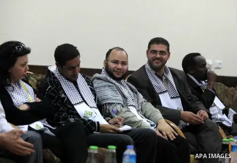 Members of the General Union of Arab journalists during a visit to Gaza strip to show solidarity with Palestinian journalists in Gaza city on November 28, 2012. Israeli aircraft killed 3 and wounded more than 17 journali...
