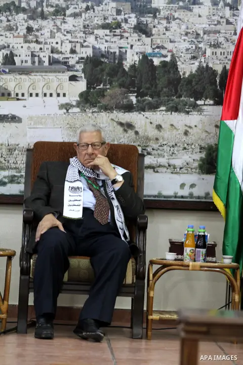 Makram Ahmed, the Secretary General of the Arab Journalists Union during his visit to Gaza strip to show solidarity with Palestinian journalists in Gaza city on November 28, 2012. Israeli aircraft killed 3 and wounded mo...