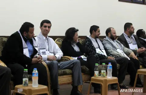 Members of the General Union of Arab journalists during a visit to Gaza strip to show solidarity with Palestinian journalists in Gaza city on November 28, 2012. Israeli aircraft killed 3 and wounded more than 17 journali...