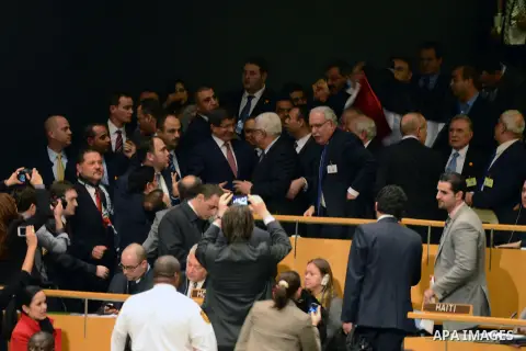 Palestinian President Mahmoud Abbas gets congratulated at the UN General Assembly meeting at the UN headquarters, in New York, November 29, 2012. Abbas appealed to the U.N. General Assembly to recognize Palestinian state...