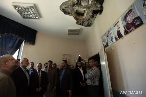 Palestinian Prime Minister in Gaza strip Ismail Haniyeh inspects the damage in the Jordanian Hospital in Gaza city, November 30, 2012. Israeli aircraft targeted the Jordanian hospital during an eight-day cross-border vio...