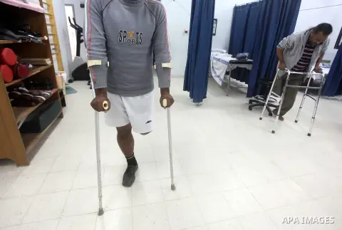 Alaa El- Jbour 22, Palestinian man who lost his leg, during rehabilitation sport in Gaza city, on Dec. 03, 2012. International Day of People with Disability, is an international observance promoted by the United Nations...