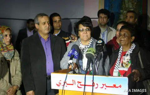 PFLP's Leila Khaled speaks to media immediately after arrives to Gaza strip at Rafah crossing border southern Gaza strip, Dec 04, 2012. Khaled is a member of the Popular Front for the Liberation of Palestine (PFLP) and a...