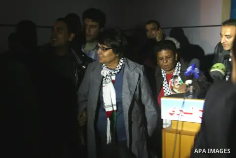 PFLP's Leila Khaled arrives to Gaza strip at Rafah crossing border southern Gaza strip, Dec 04, 2012. Khaled is a member of the Popular Front for the Liberation of Palestine (PFLP) and a convicted airline hijacker who wa...