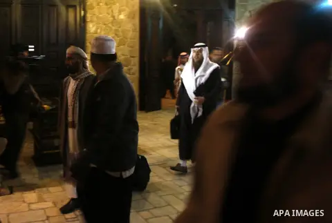 Members of delegation of Association of Muslim Scholars during a visit to Gaza strip, Dec 04, 2012. The delegation is expected to meet with war victims and survivors, and visit bombed areas and give the Friday sermons in...